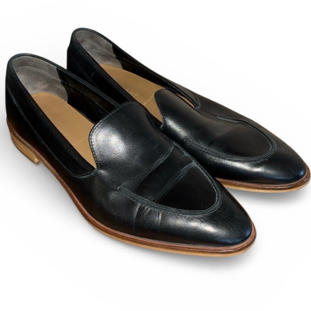 Everlane Italian women 9.5, black leather loafers, stacked leather sole/heel EUC